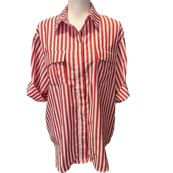 Buddy Love Striped Oversized Button Down Shirt With Roll Tab Sleeves Size Large - Picture 1 of 13